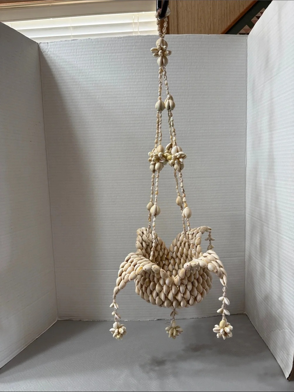 Vintage Cowrie Puka Shell Handcrafted Hanging Planter Basket Boho Coastal Decor